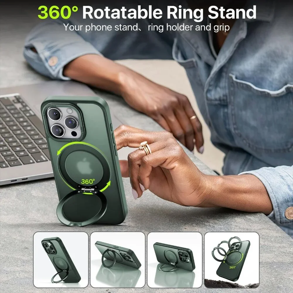QTlier Green case iPhone 15 promax, 360 Rotatable Ring Stand, Raised Camera Fram